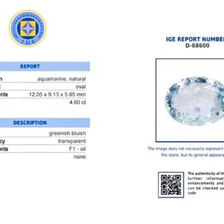 CERTIFIED NATURAL AQUAMARINE — 4.60 CT TRANSPARENT • GREENISH BLUE • LARGE OVAL CUT • IGE CERTIFIED